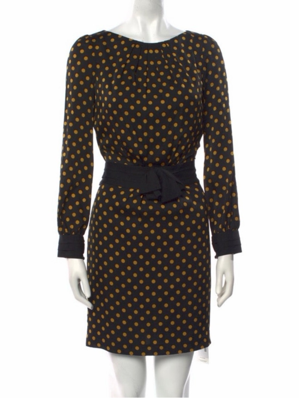 Milly of New York Black Dress with Mustard Polka Dots and Waist Faux Tie